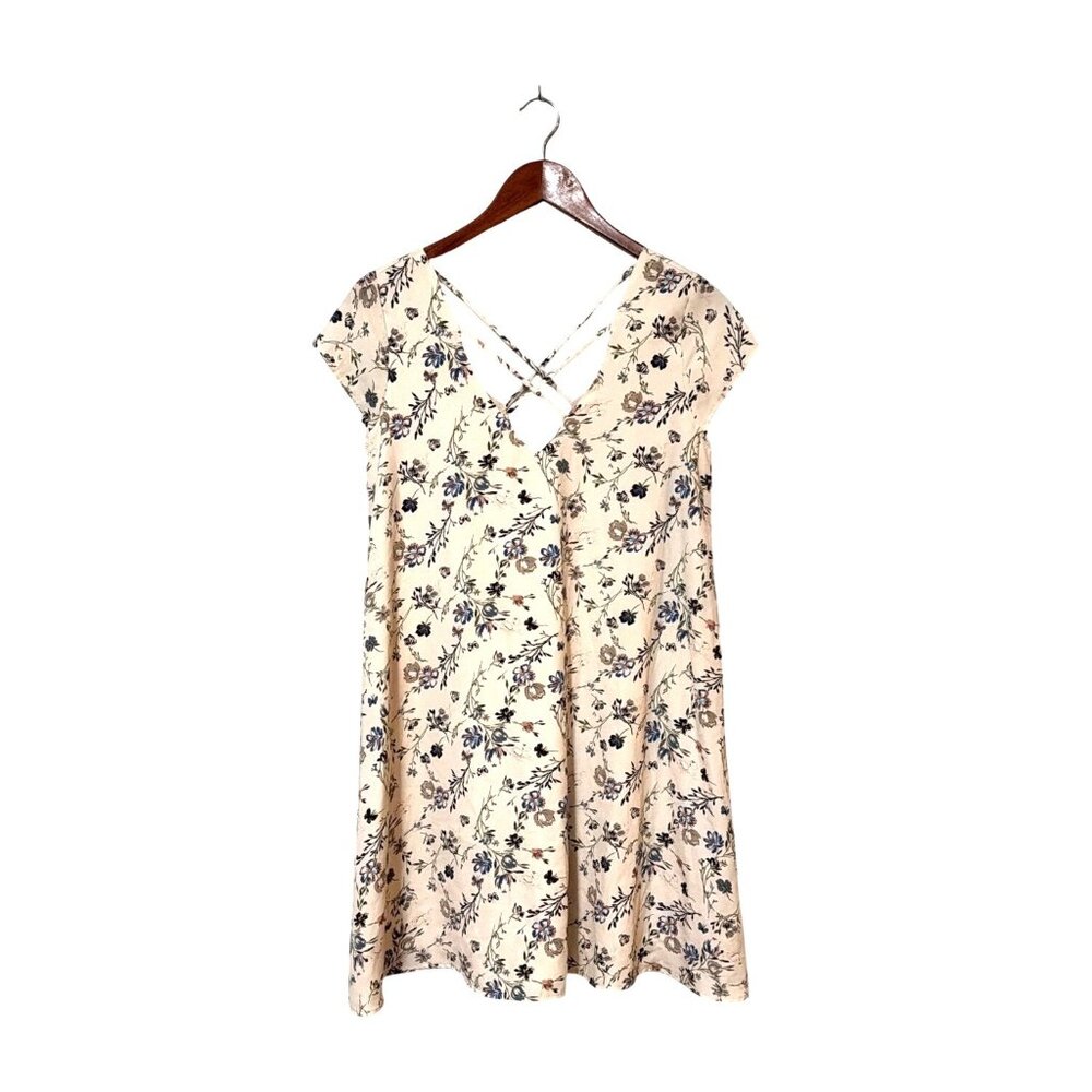 Pink Owl Floral Print Crisscross Back Cream Dress Medium‎ 100% Polyester